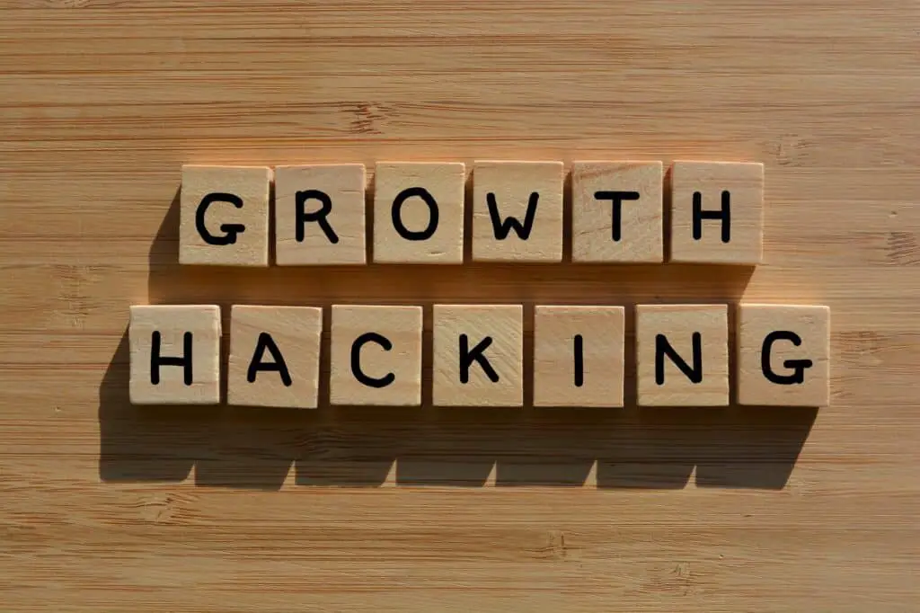 Growth Hacking. Business phrase in 3D wooden alphabet letters on wood background