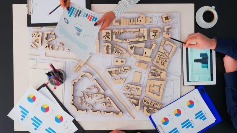 architects with buildings prototype working at office table